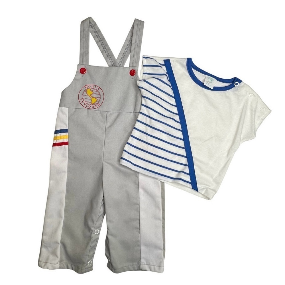 Vintage 70s Toddler Baby Boys Overall Set Striped Retro Mod Outfit 1T NWOT - Picture 2 of 9